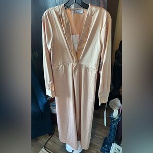 KAOS Italy Satin Poly Nude Peach Color-Midi Dress, Size M, Long Sleeve